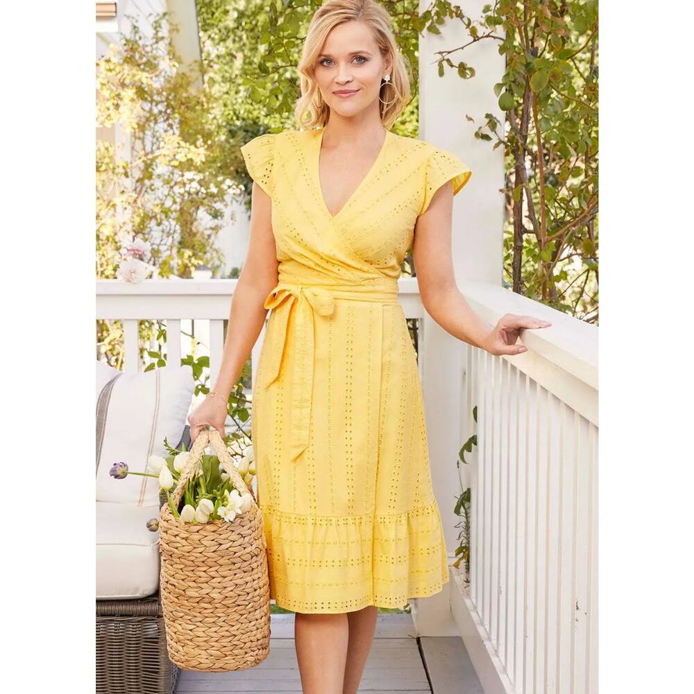 Draper James Eyelet Flutter Sleeve Wrap Knee Length Dress / YELLOW / Size 12